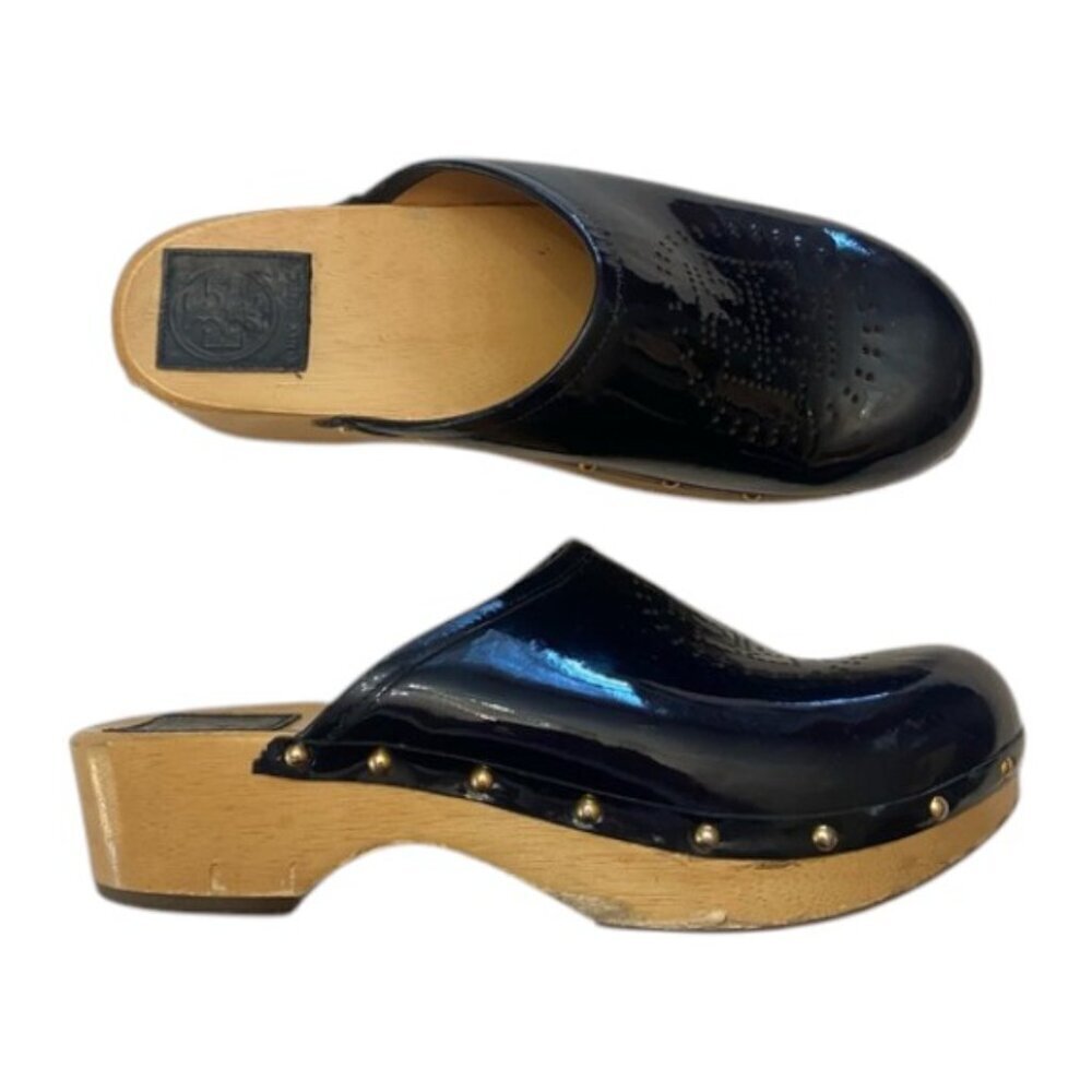 Tory Burch Black Glossy Patent Leather Studded Clogs Size 6.5